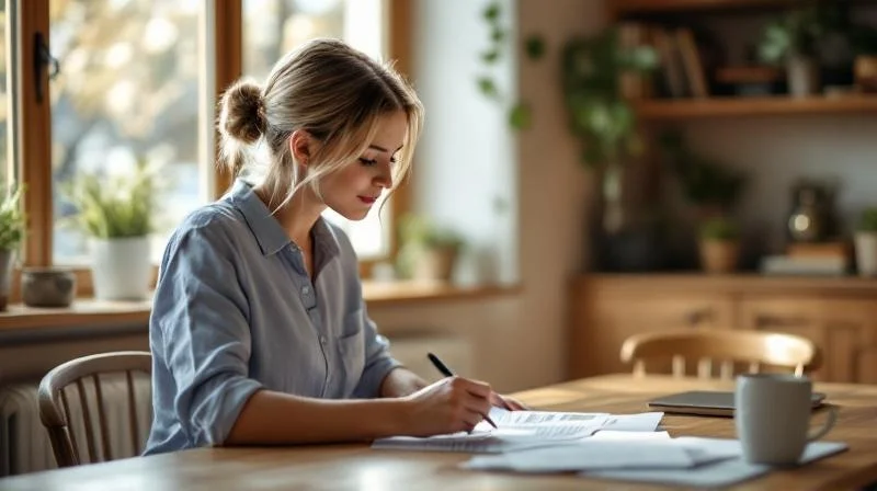Frau mit Taschenrechner und Unterlagen plant ihre Weiterbildungsfinanzierung in Bayern