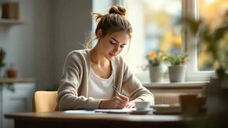 Frau sitzt am Schreibtisch und fuellt Formulare aus, helle Wohnung in Bayreuth