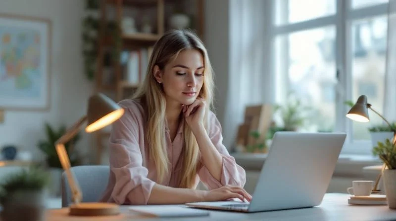 Frau lernt am Abend online fuer ihre IHK-Fortbildung in Bayreuth