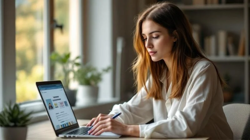 Frau lernt konzentriert am Laptop in einem modernen Arbeitsbereich in Bayreuth