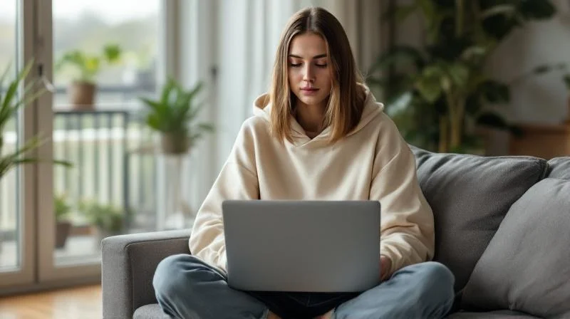 Frau am Laptop in einer hellen Wohnung in Bayreuth lernt KI-Weiterbildung online