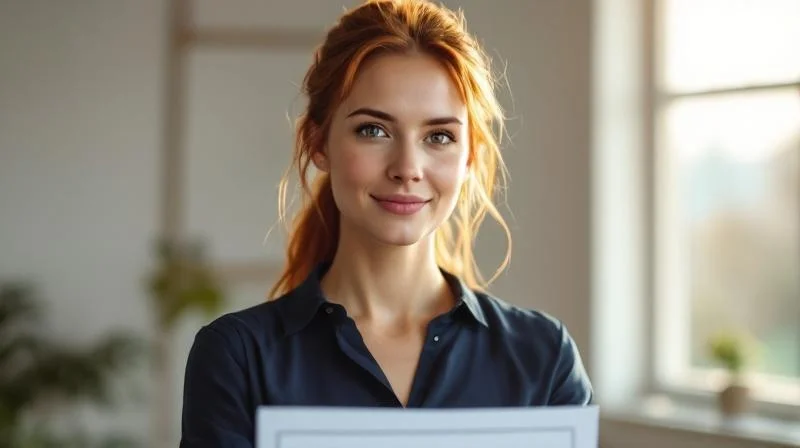 Frau haelt stolz ein Zeugnis in den Haenden, helle Wohnung in Bayreuth