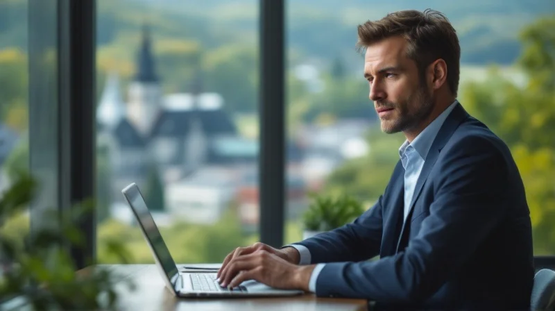 Geschäftsführer im Bayreuther Büro mit Blick auf das Markgräfliche Opernhaus und die Universität