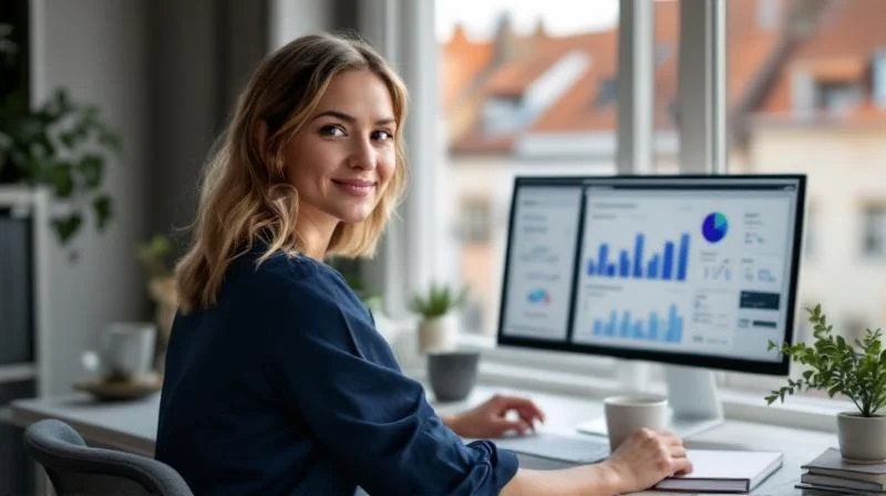 Quereinsteigerin im Homeoffice mit Daten-Dashboards, im Hintergrund Bayreuther Altstadt