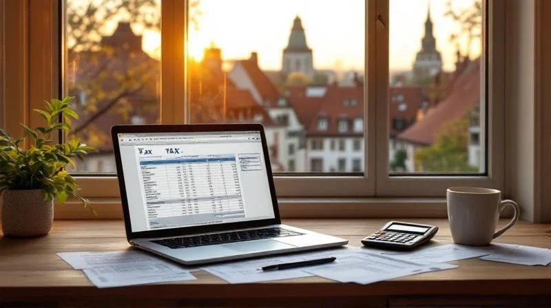 Steuerunterlagen, Taschenrechner und Laptop auf einem Holzschreibtisch in einem Bayreuther Arbeitszimmer